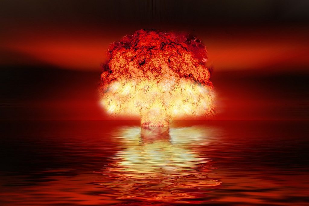 Abstand von bösen poitischen Wegen: Bild des Atompilzes über dem Ozean bei einem Test