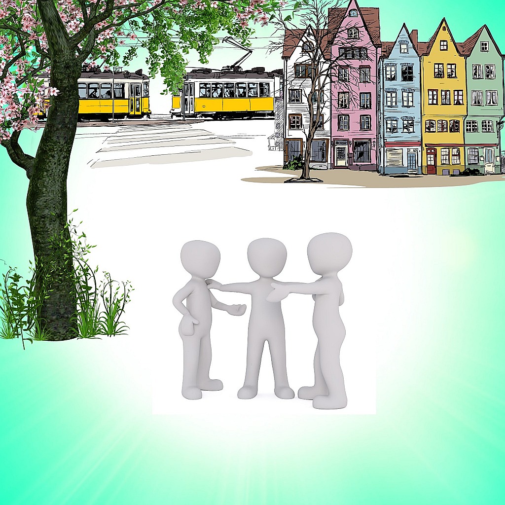 Streiten um des Friedens willen: Drei Figuren sind dargestellt, die mittlere versucht, zwei Streithähne miteinander zu versöhnen; im Hintergrund Straßenbahn und städtische Häuserzeile