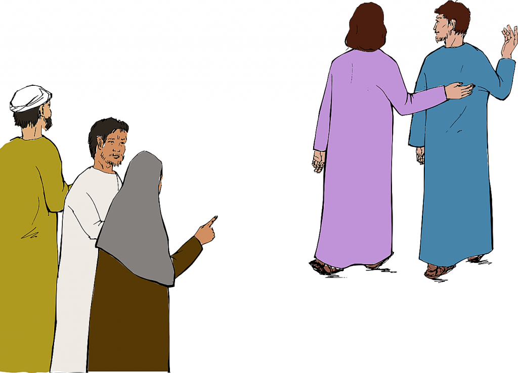Zeichnung mit drei Menschen mit langen stilisierten Gewändern, von denen eine Frau auf zwei andere Menschen zeigt, die man von hinten sieht, von denen einer Jesus sein soll