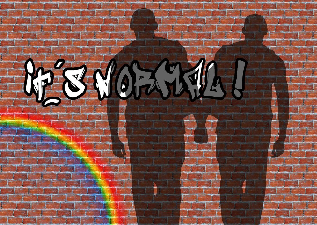 Schatten zweier Männer Hand in Hand an einer Klinkerwand, auf der das Graffiti steht: It's normal!