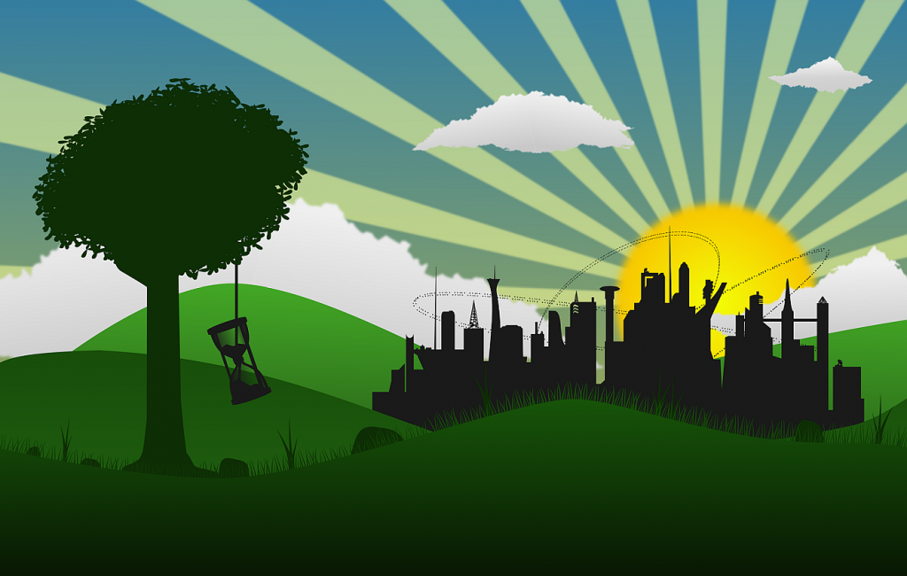 Ein Leben für Nachhaltige Entwicklung: Hinter der Silhouette einer Industriestadt geht die Sonne unter (oder auf?), im Vorderdergrund hängt an einem dunkelgrünen Baum auf dunklen bis grünen Wiesen eine Sanduhr
