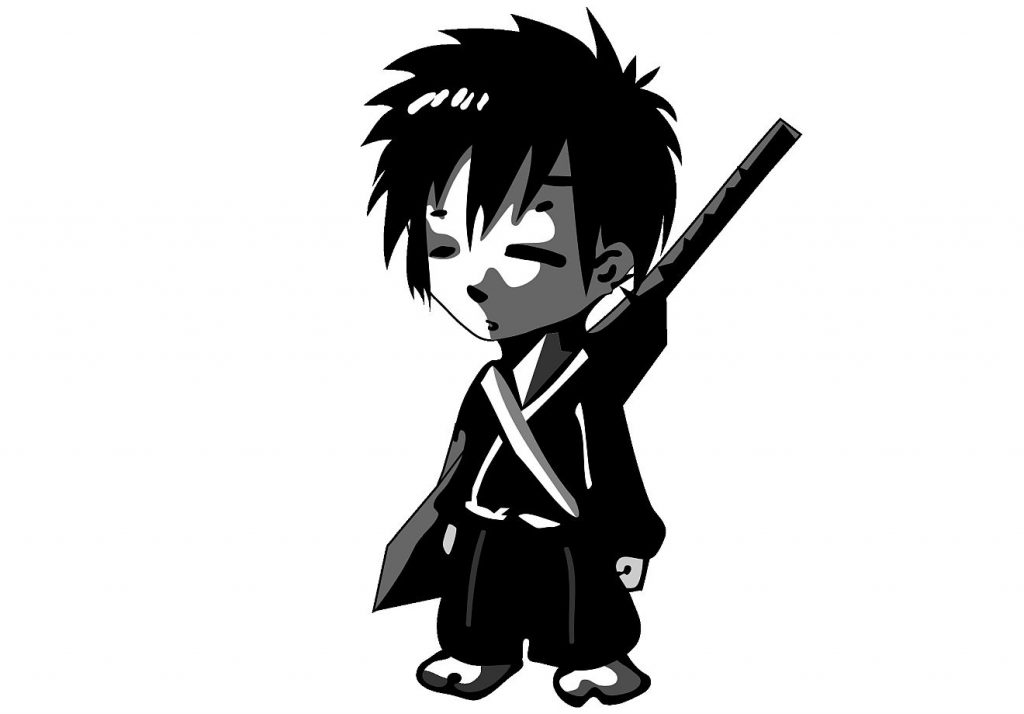 Kleiner Kämpfer im Engelheer: Ein in japanischer Art gezeichneter Junge als Samurai-Kämpfer mit umgeschnalltem Schwert