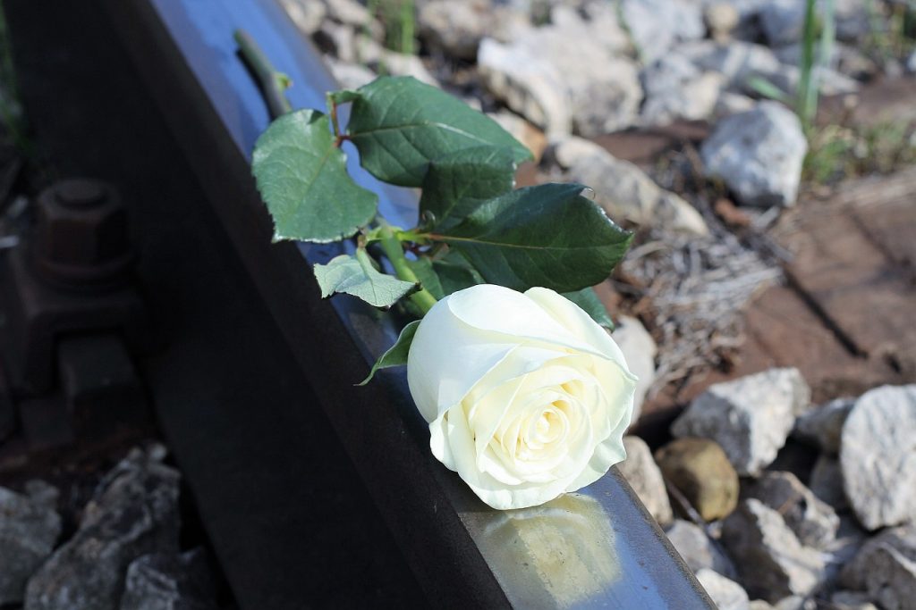 Dieser Tod hat kein Problem gelöst: Eine weiße Rose auf einer Bahnschiene