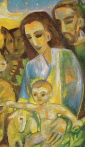 Das Jesuskind sitzt auf Marias Schoß, Josef stärkt ihr den Rücken
