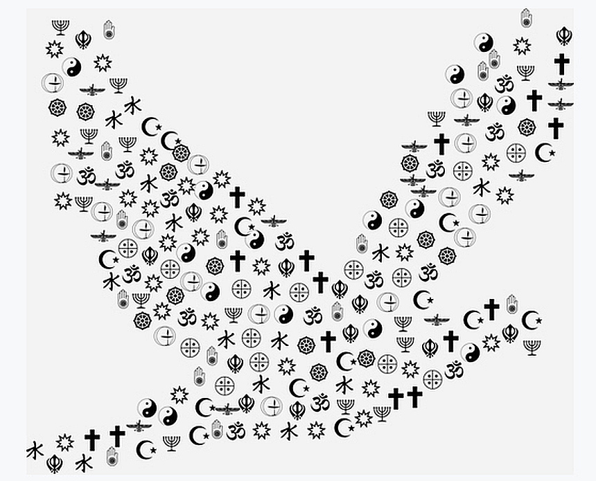 Ein Band des Friedens in Form einer Friedenstaube aus vielen religiösen Symbolen