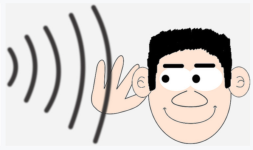 Höret, so werdet ihr leben: Stilisierte Zeichnung eines lächelnden Mannes, der die Hand ans Ohr legt und Schallwellen empfängt