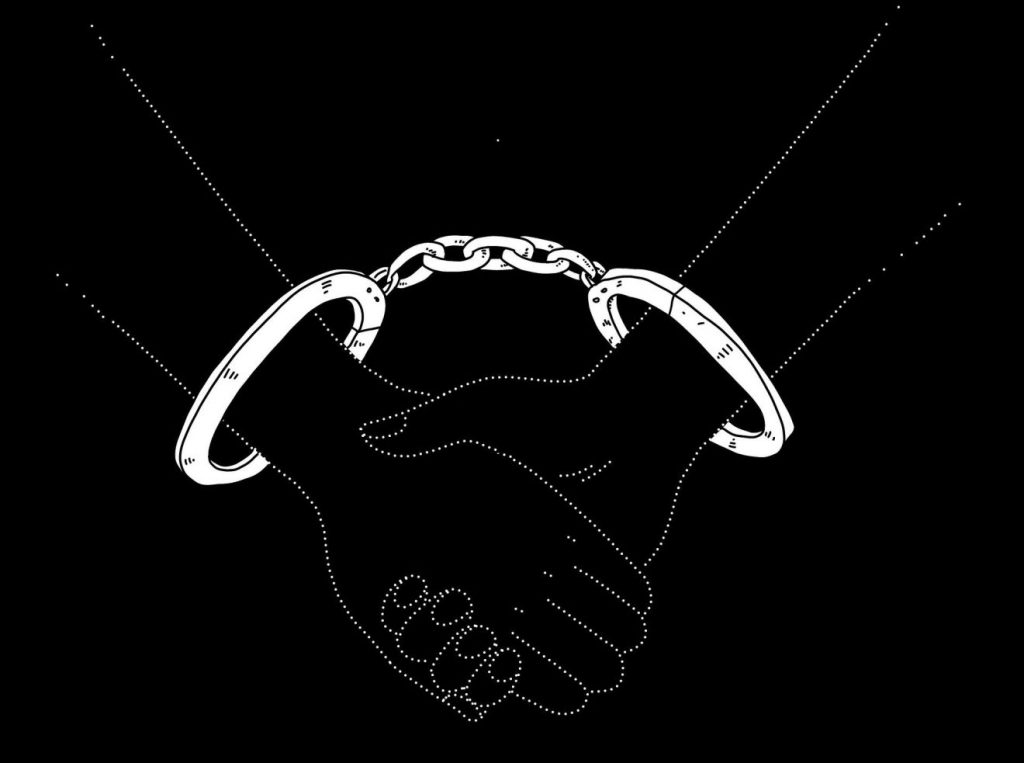 Zwei nur gestrichelt in weiß auf schwarzem Hintergrund gezeichnete Arme geben sich die Hand, wobei die Handgelenke mit Handschellen aneinander gefesselt sind - Symbol für die Ehe-Bande der Liebe