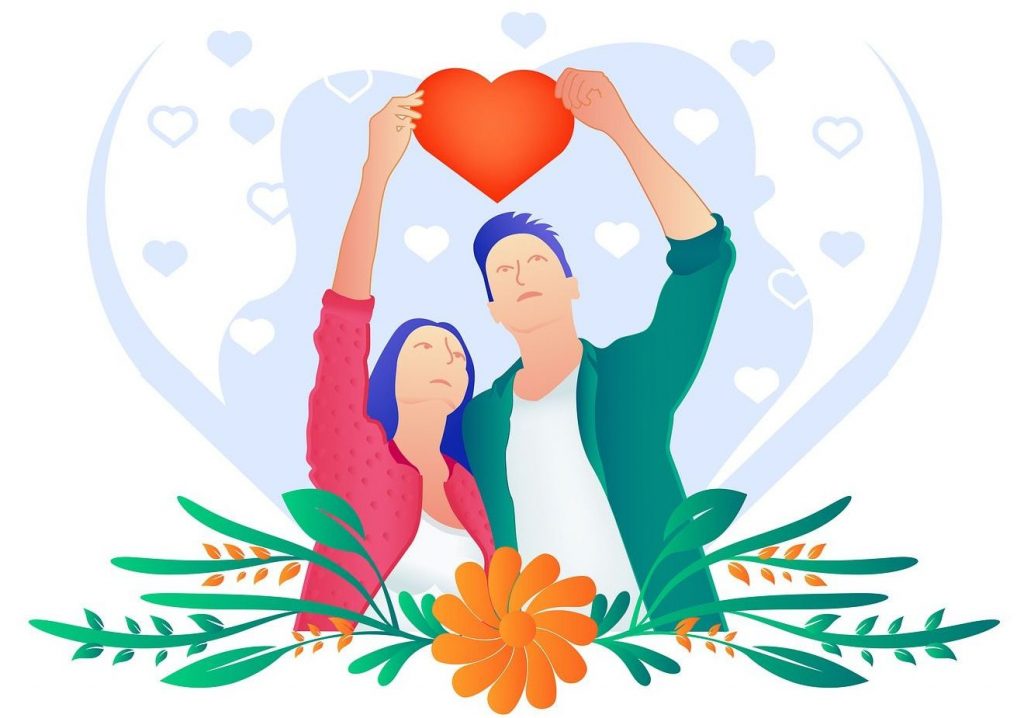 Farbige Zeichnung einer Frau und eines Mannes vor einem schattenrissartig dargestellten Herz, die gemeinsam ein rotes Herz hochhalten - Symbol für das Krisenmanagement in einer Ehe.