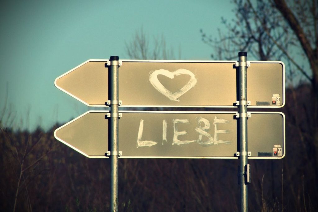 Auf den Rückseiten zweier nach links weisender richtungsanzeigender Straßenschilde ist oben ein Herz und unten das Wort LIEBE aufgesprüht