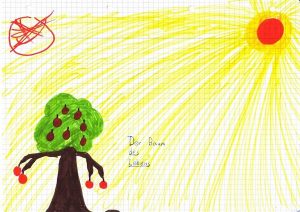 Ein Junge malt den Baum des Lebens unter der Sonne - ist es zugleich der verführerische Baum der Erkenntnis von Gut und Böse?