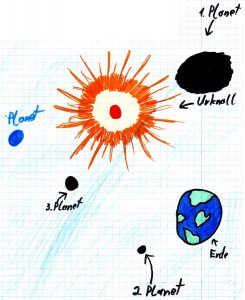 Hier stellt ein Junge die Entstehung mehrerer Planeten durch einen Urknall dar