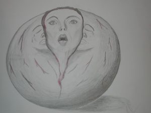 Anne Shirley McKennett hat hier den Kopf einer Frau gemalt, der aus dem Spalt einer Kugel hervorzutreten scheint und zu schreien beginnt. Neben ihrem Gesicht sind auf der Kugeloberfläche zwei Gesichter mit geschlossenen Augen und Mündern zu sehen.