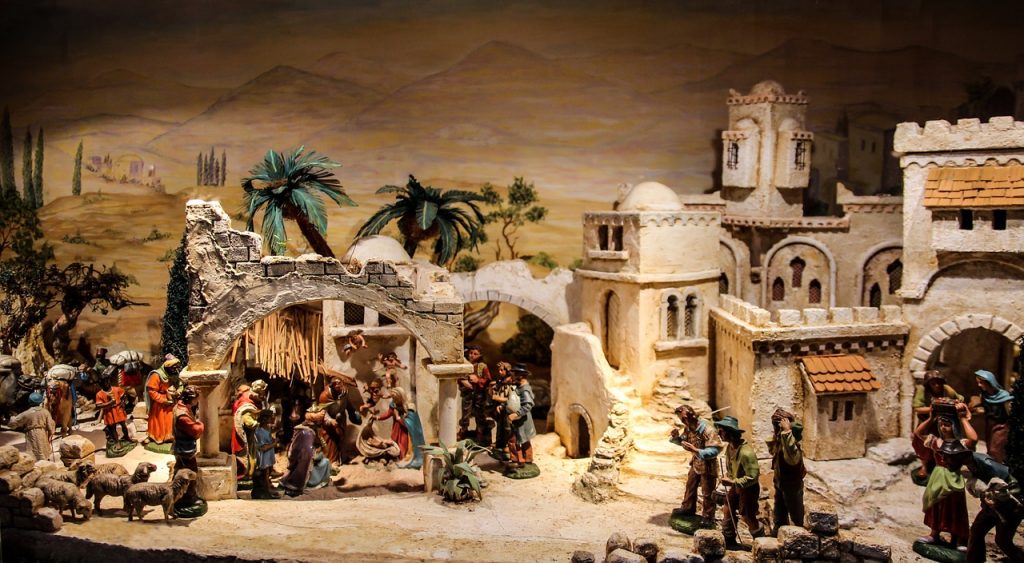 Weihnachtliche Szene in Bethlehem mit vielen Häusen und Landschaft im Hintergrund