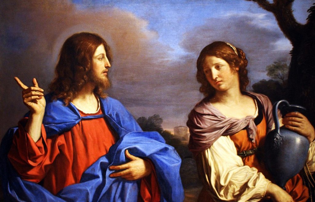 Jesus spricht mit der Frau am Jakobsbrunnen und bitten sie, ihm etwas zu trinken zu geben