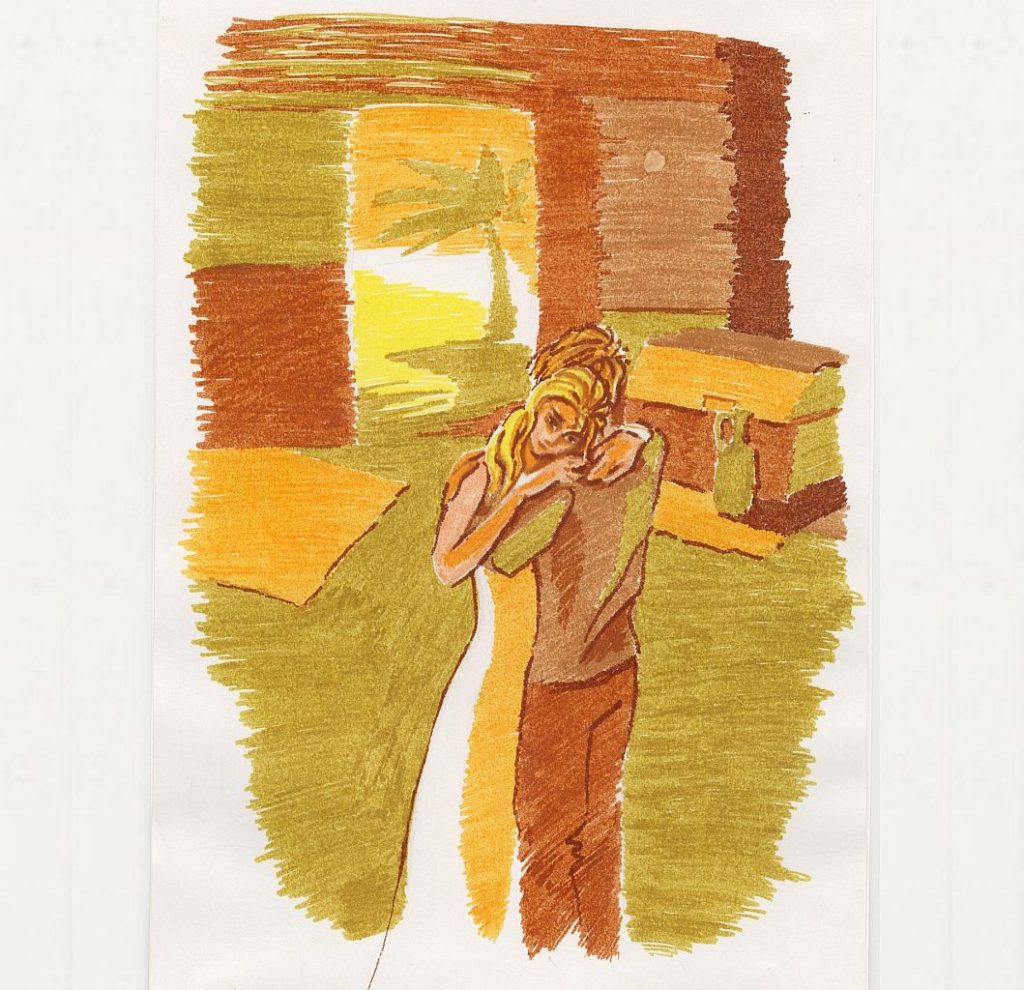 Trauer und Freude: Eine Farbstiftzeichnung eines jungen Paares, das sich gegenseitig tröstet, innerhalb eines Raumes, durch dessen offene Tür man eine Palme sieht