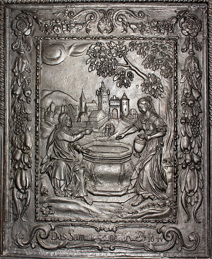 Ofenplatte mit Jesus und der Frau aus Samaria am Jakobsbrunnen