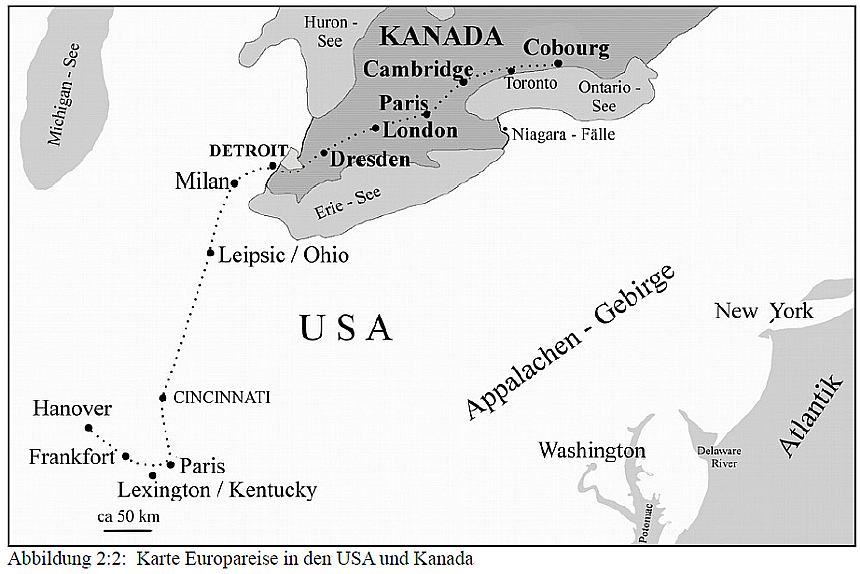 Die Karte zeigt die im Text beschriebene richtige Reiseroute in den USA