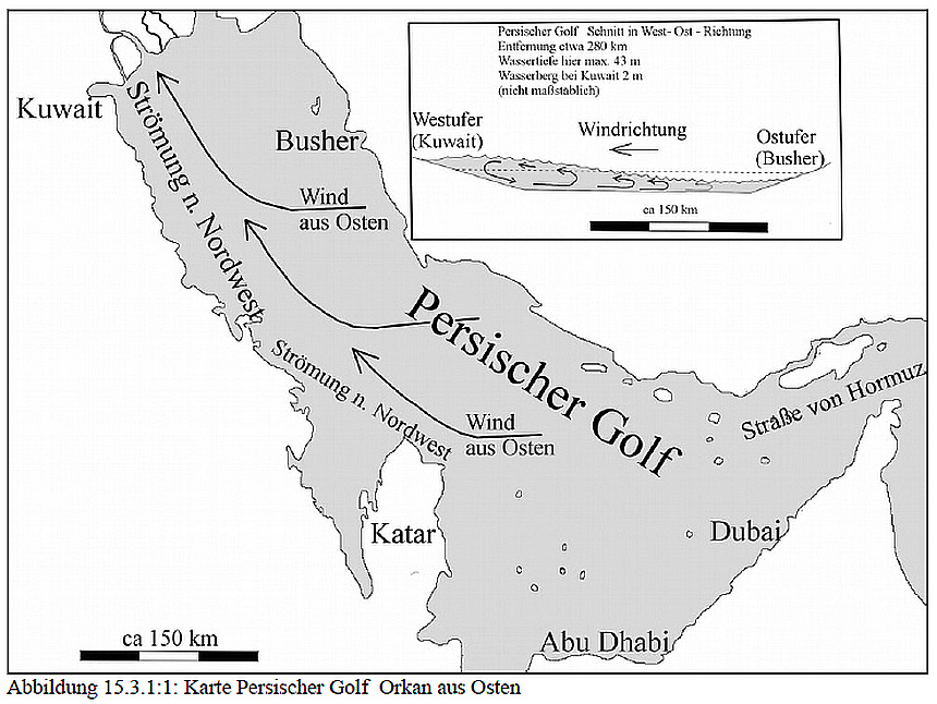 Skizze des Persischen Golfs bei einem tagelangen Orkan