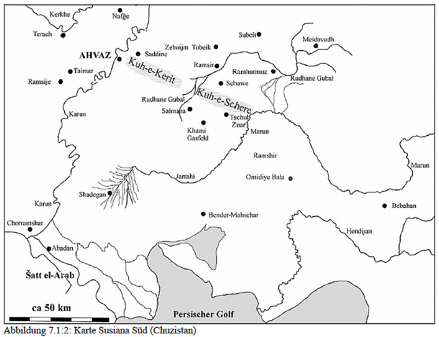Eine Skizze von Chuzistan, auf der die meisten Flüsse erkennbar sind