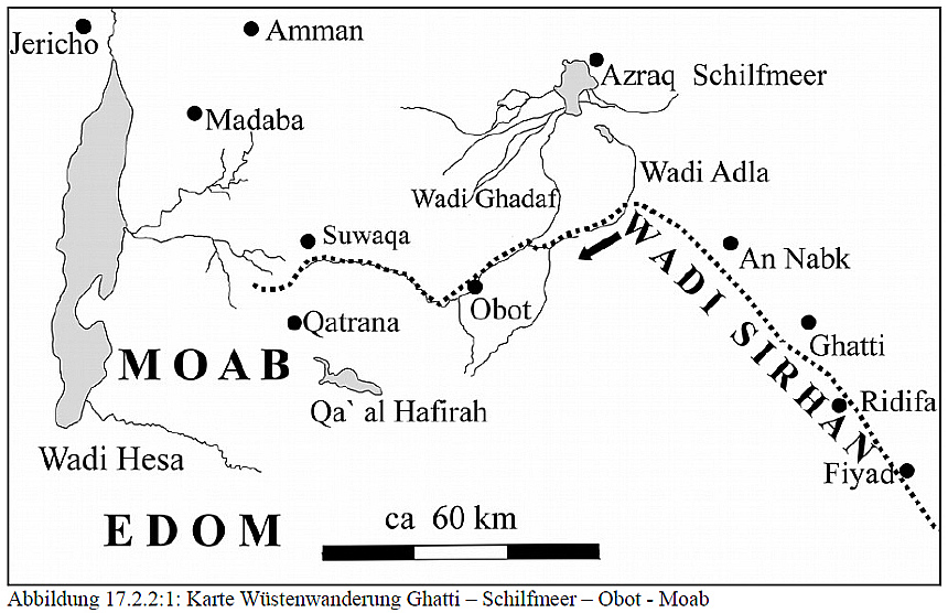 Skizze des Weges durch das Wadi Sirhan und dann in Richtung Moab