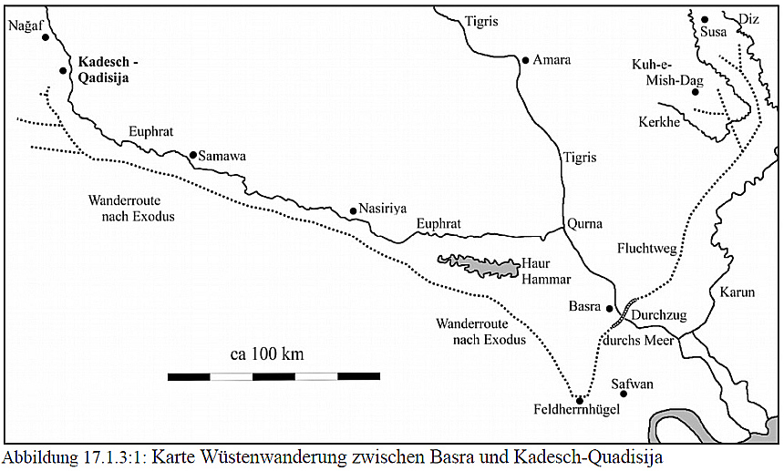 Skizze der Wüstenwanderung vom Durchzug durchs Meer bis Kadesch-Quadisija