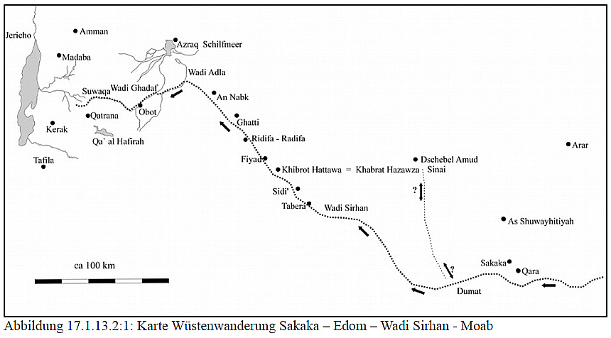 Skizze der Wüstenwanderung zwischen Sakaka und Moab