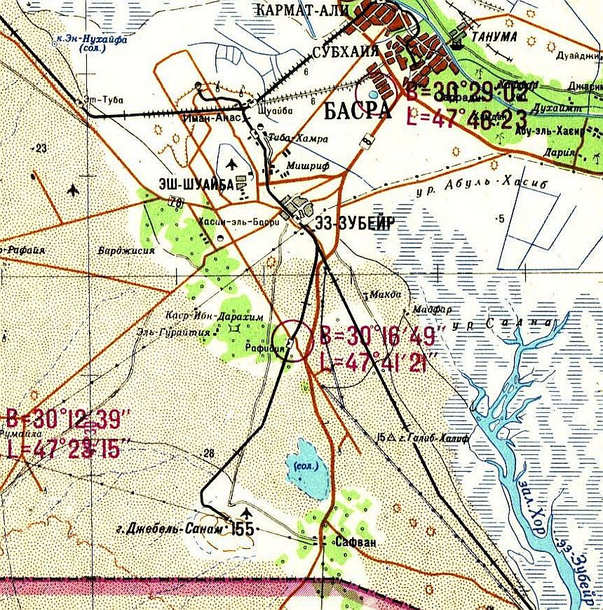 Russische Karte, die die Gegend zwischen Basra und dem Djebel Sanam zeigt