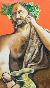 Bild des griechischen Gottes Dionysos mit Weintrauben im Haar, einem Krug in der Hand und einem Knochen, den er offenbar abnagt