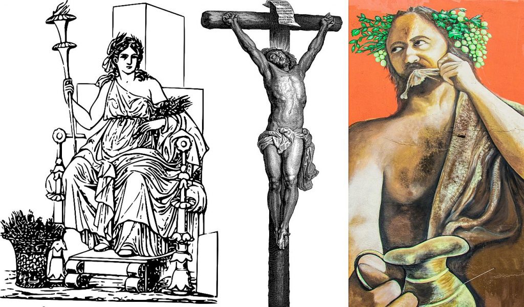 Drei Bilder nebeneinander: links die Göttin Demeter mit Gerstenähren, rechts der Gott Dionysos mit Wein und Knochen, den er abnagt, in der Mitte Jesus am Kreuz