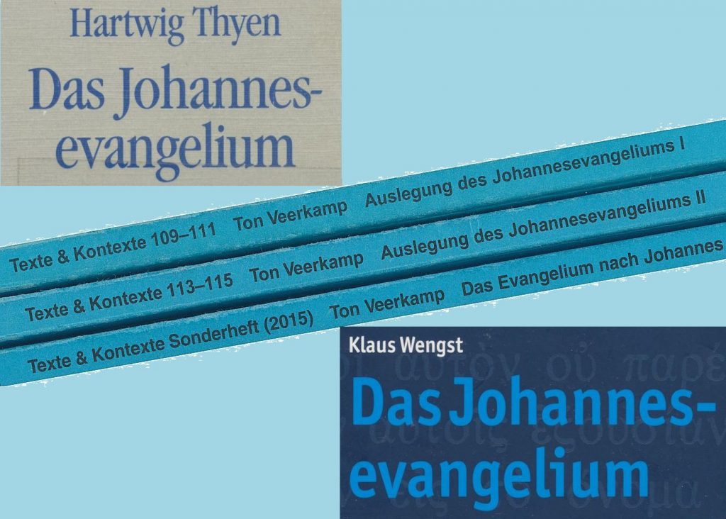 Das Bild enthält zu meinem Johannes-Blog die Titelangaben der Johannesauslegungen von Hartwig Thyen, Klaus Wengst und Ton Veerkamp (beim letzteren sind es die Buchrücken dreier Zeitschriftenausgaben "Texte und Kontexte")