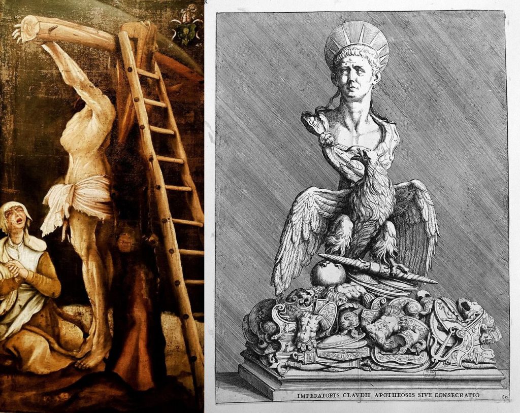 Zwei Bilder stehen nebeneinander - links der gekreuzigte Jesus von hinten dargestellt, ein Soldat blickt mit entsetztem Gesichtsausdruck zu ihm hoch - rechts die Zeichnung des Kaisers Claudius, der nach seinem Tod zu einem Gott erhoben wird