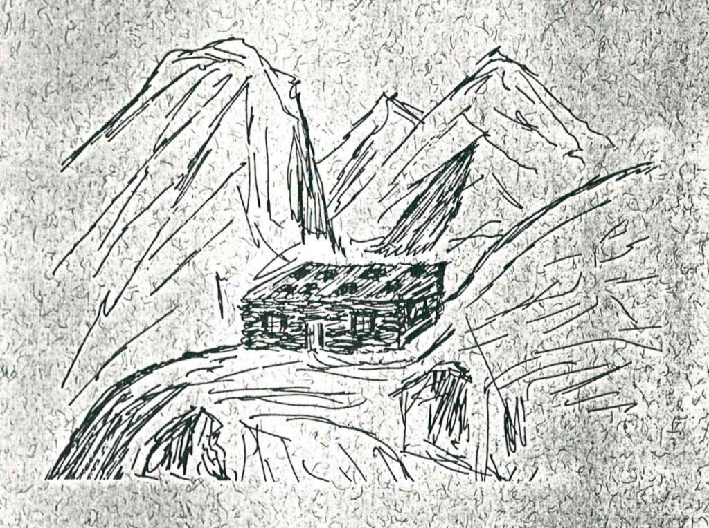 Mit einfachen Strichen hat Jula Hartmann eine dunkle Berghütte zwischen hohe Berge gezeichnet.
