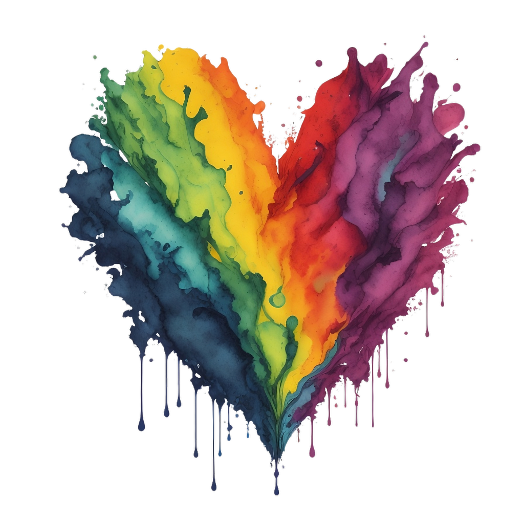 Ein Herz, das wie zerrissen wirkt, aus Regenbogenfarben, die ineinander und nach unten hin verlaufen